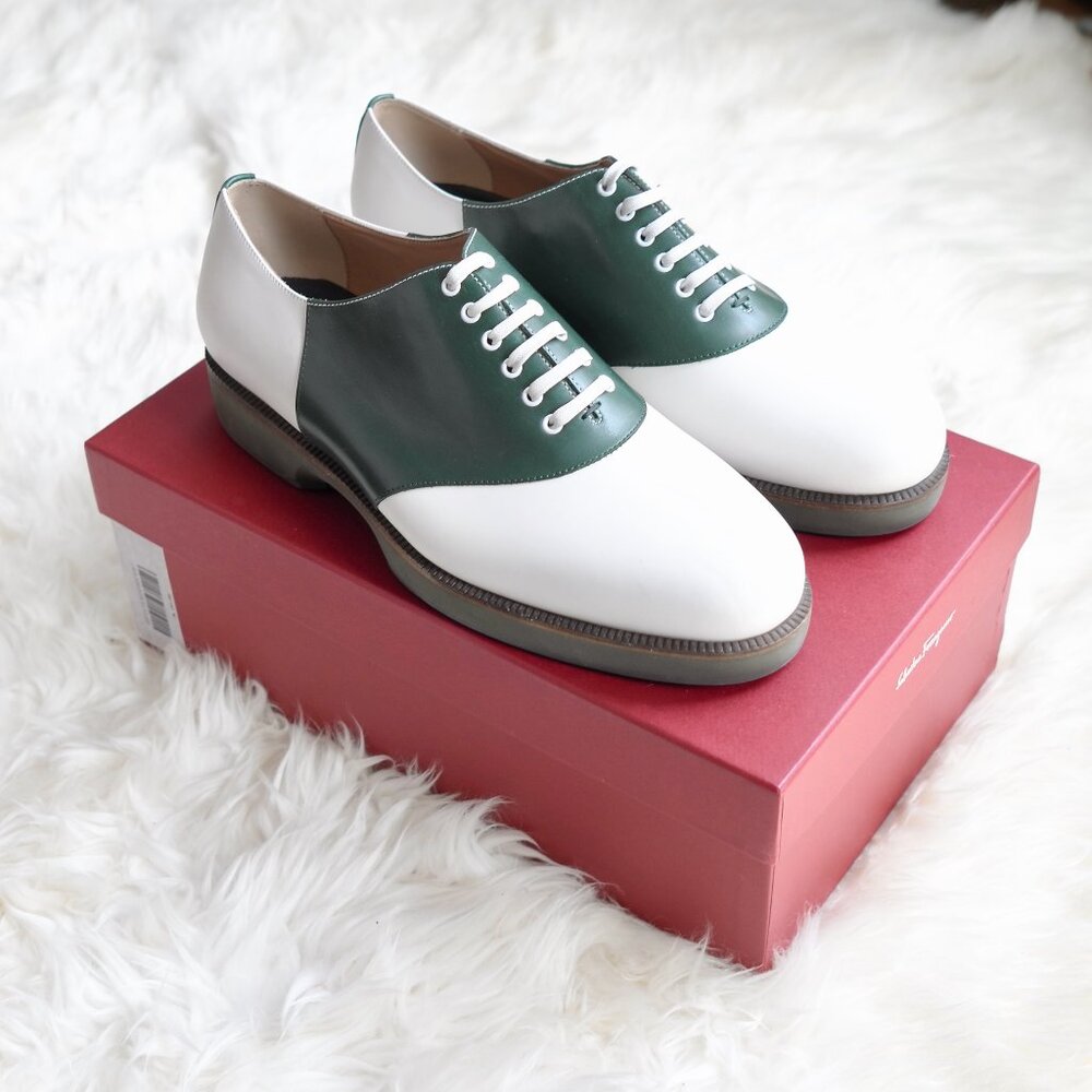 Salvatore Ferragamo NEW Ricky White Green Calf Leather Oxfords Size 9.5 2E
